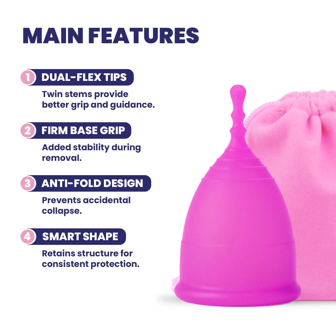 Image Showing Main Features Of MomDaughts' Double Tailed Menstrual Cup