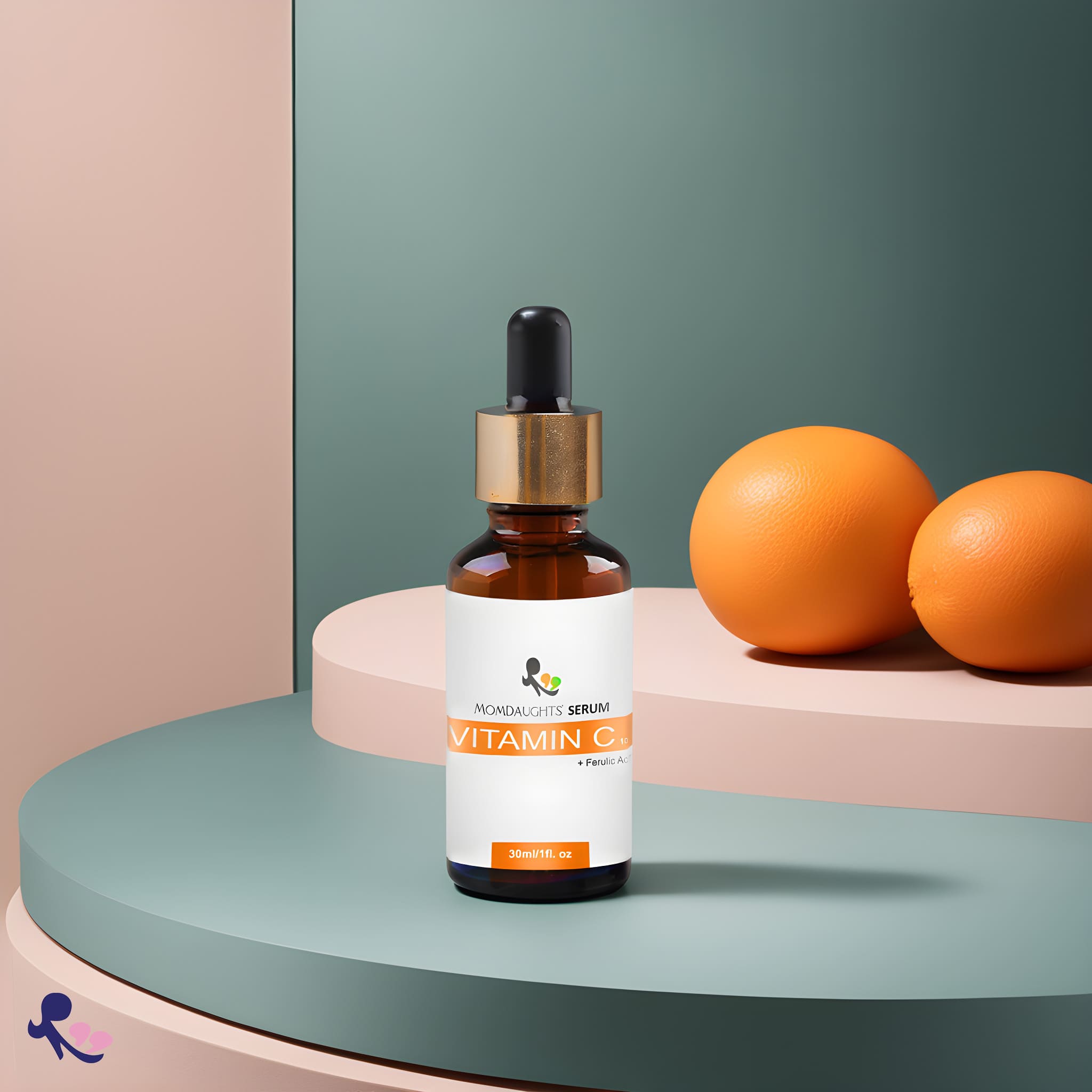 MomDaughts Vitamin C with Niacinamide skin serum for daily skincare, featuring clear glass bottles with dropper applicators.