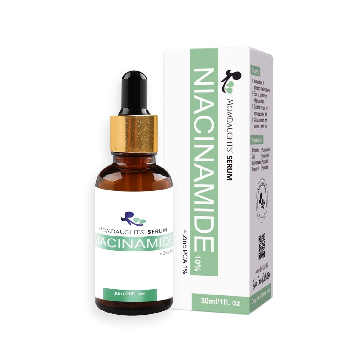 MomDaughts Niacinamide Zinc PCA Skin Serum in 30ml bottle, showcasing clear glass container with dropper applicator and label.