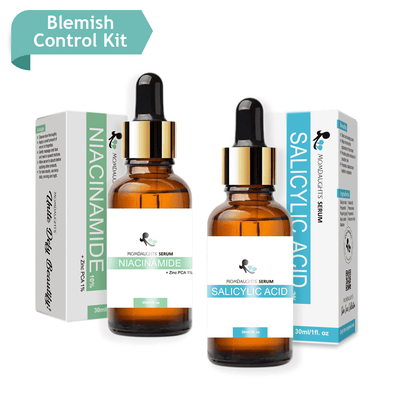 MomDaughts Niacinamide and Salicylic Acid Skin Serum bottle with dropper, promoting clear and balanced skin.