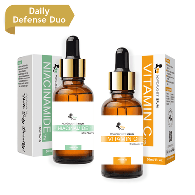 MomDaughts Vit-C with Niacinamide skin serum bottle showing the product label and dropper for daily skincare.