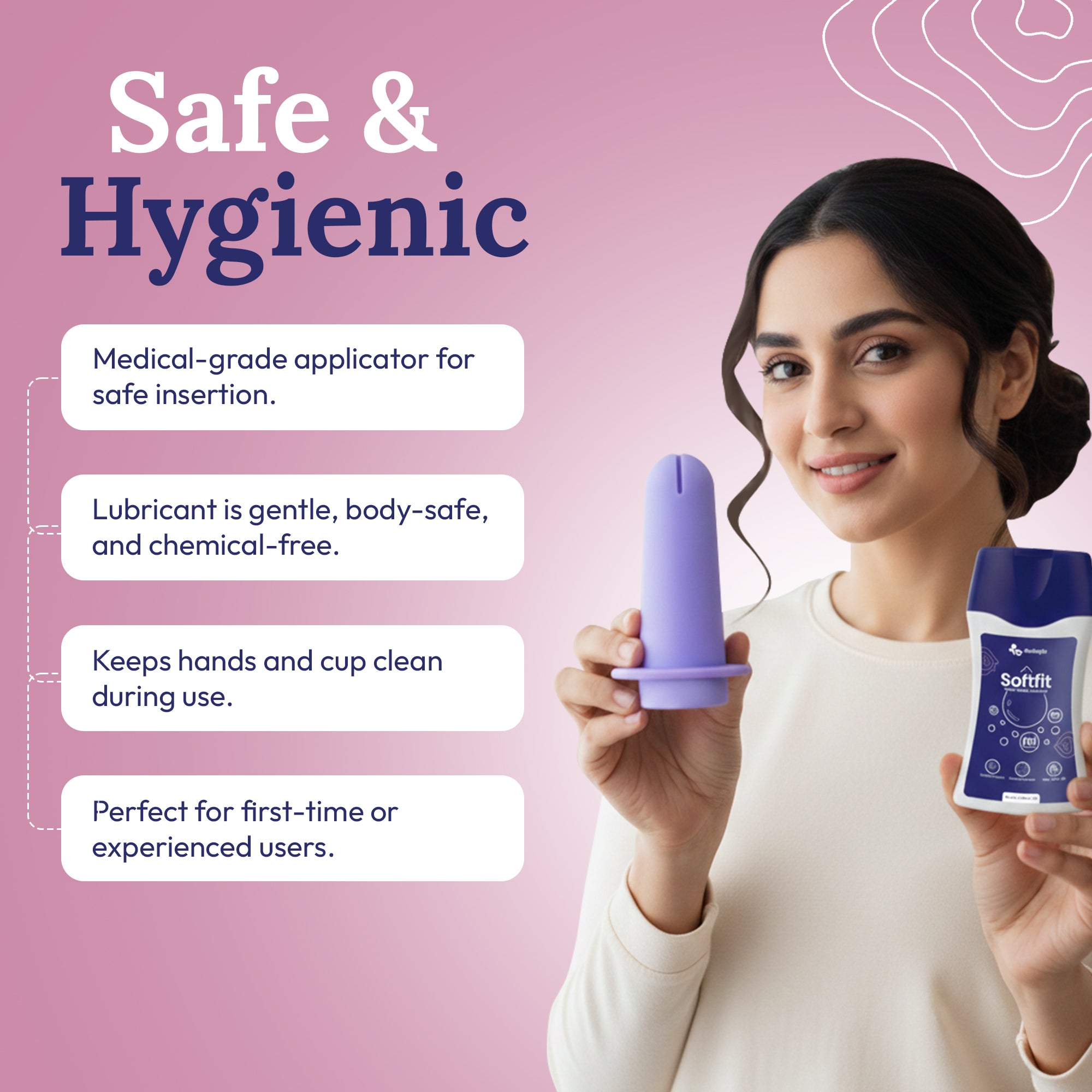 MomDaughts menstrual cup applicator with Softfit lubricant for comfortable, safe, and hygienic menstrual cup insertion.