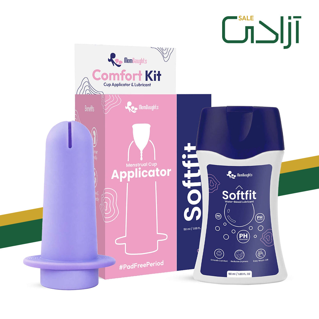 MomDaughts menstrual cup applicator with Softfit lubricant in a comfort kit, showing the applicator and lubricant for easy insertion.