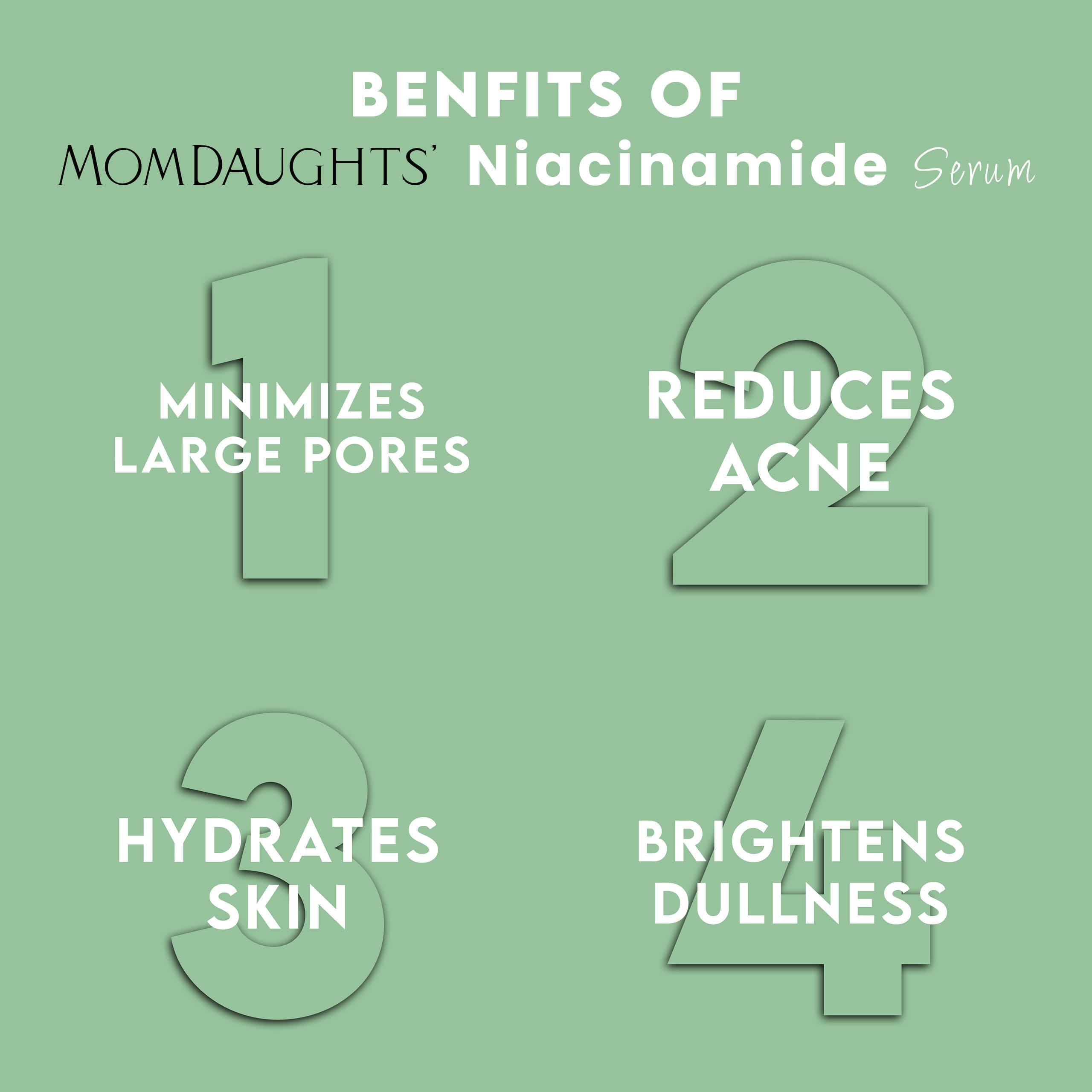 MomDaughts skin serum with niacinamide and salicylic acid, featuring a sleek bottle and a dropper for clear, healthy skin.