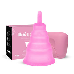 MomDaughts collapsible menstrual cup with cute storage case, flexible silicone cup for comfortable, eco-friendly period care.