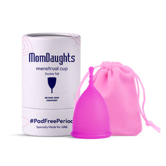 MomDaughts Double Tail Menstrual Cup in silicone with two tails for easy grip and removal, designed for menstrual comfort and convenience.