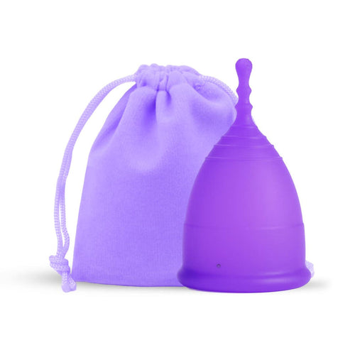 Front view of MomDaughts' Double Tail Menstrual Cup in purple color with cotton bag