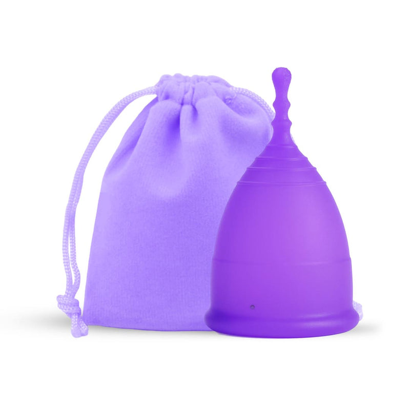Front view of MomDaughts' Double Tail Menstrual Cup in purple color with cotton bag