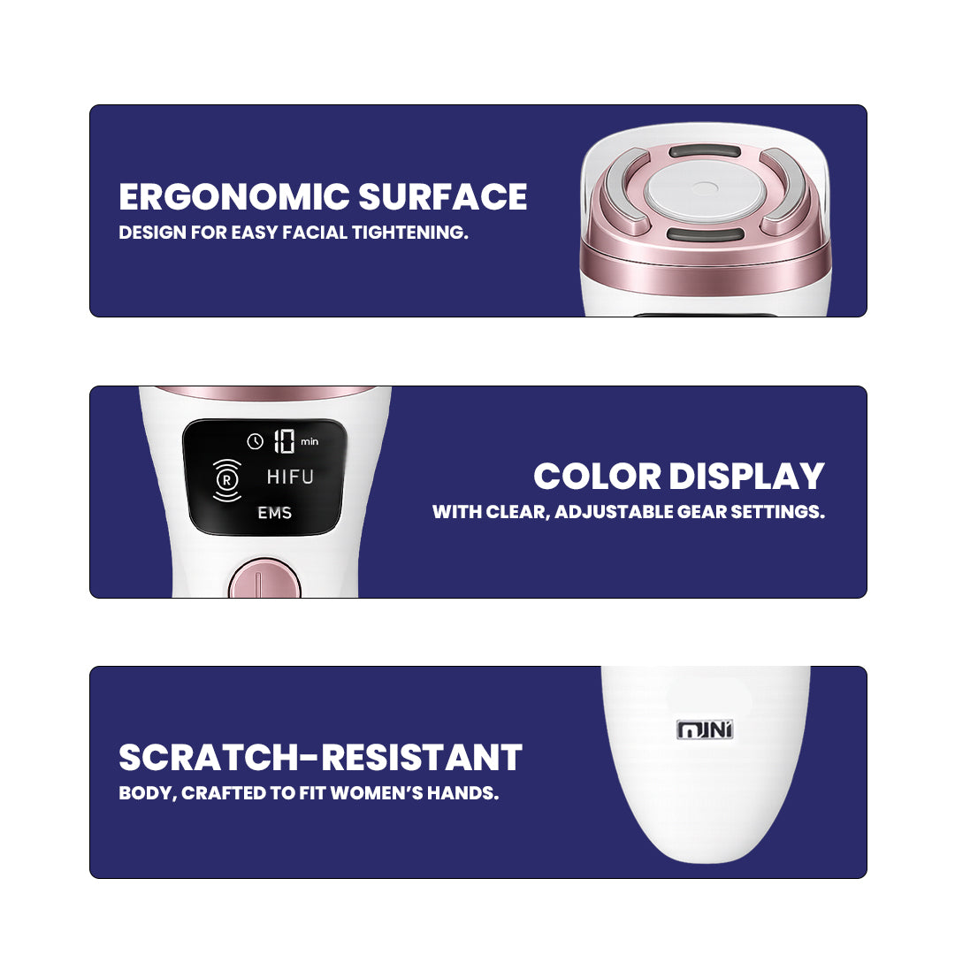 Facial tightening device with ergonomic surface, color display, and scratch-resistant body on a blue background.