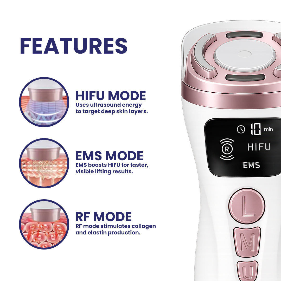 Beauty device with HIFU, EMS, and RF mode features on a white background