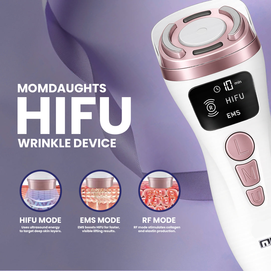 Momdaughts HIFU wrinkle device with mode indicators on a purple background