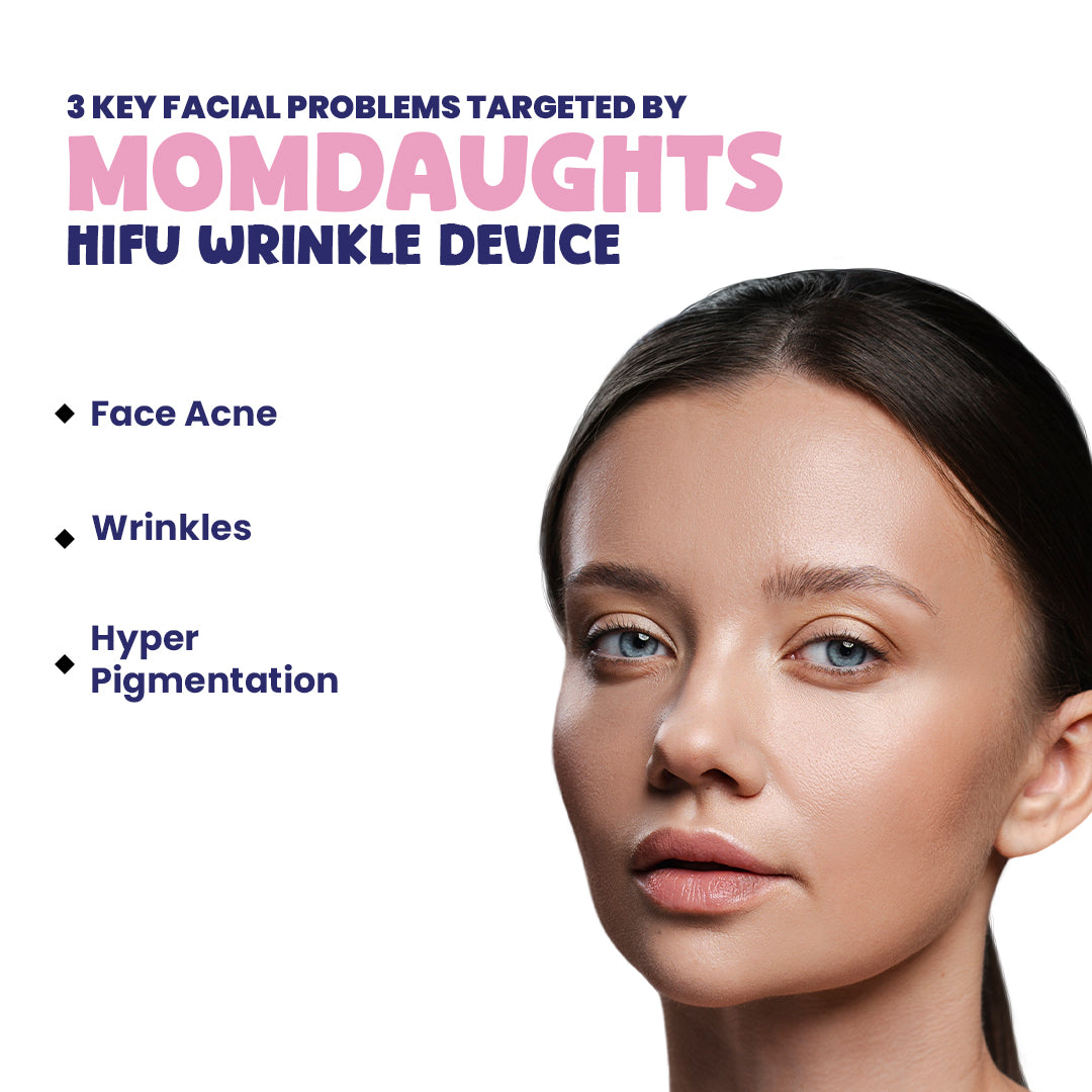 Advertisement for Momdaunts HIFU wrinkle device targeting facial issues like acne, wrinkles, and hyperpigmentation.