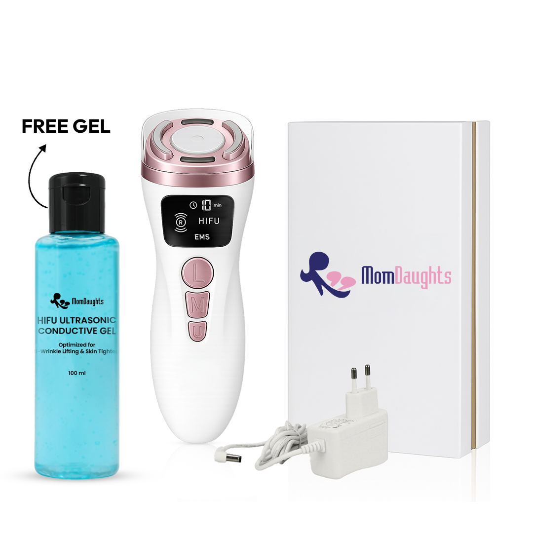 White hifu device with pink accents, blue gel bottle, and white power adapter on a white background.