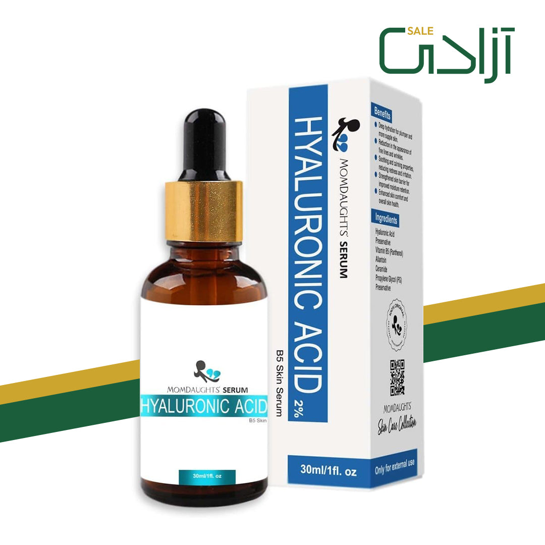 MomDaughts Hyaluronic Acid and Vitamin B5 Serum in 30ml bottle, promoting hydrated, smooth skin with natural glow.