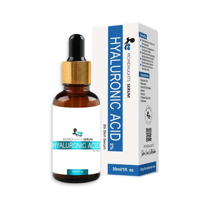 MomDaughts Hyaluronic Acid and Vitamin B5 Serum in 30ml bottle, promoting hydrated, smooth skin with natural glow.