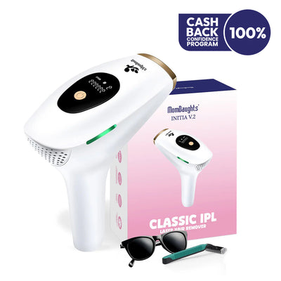 White laser hair removal device with packaging and accessories on a white background