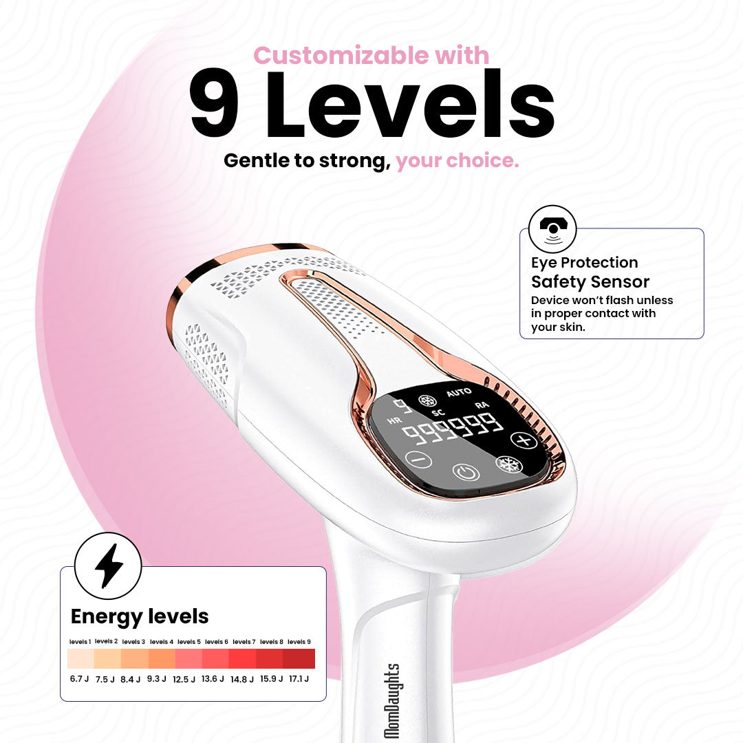 White handheld device with rose gold accents on a pink background, featuring customizable energy levels.