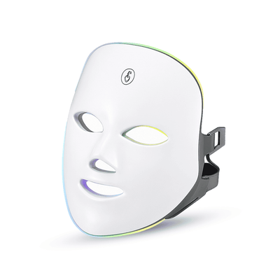 MomDaughts 7-LED face therapy mask for skin care, with adjustable straps and LED lights for facial treatment.