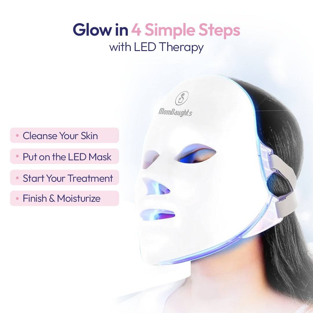 MomDaughts 7-LED face therapy mask with rechargeable battery, skin care tool for facial light therapy and skin rejuvenation.