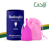 MomDaughts long tail menstrual cup made of flexible silicone, shown with its long tail designed for easy removal and secure fit.