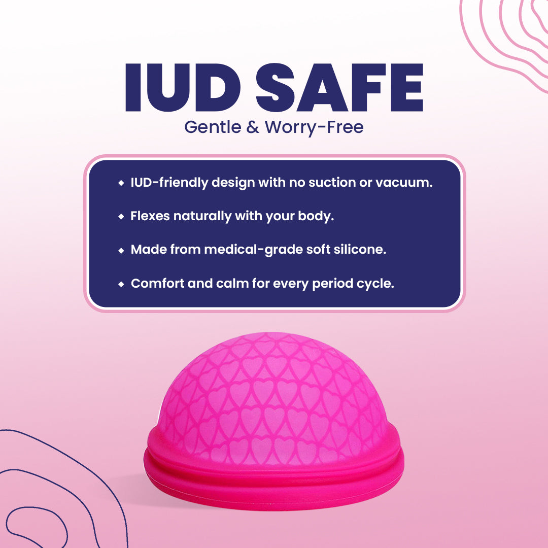Pink silicone product with text about IUD safety on a pink background