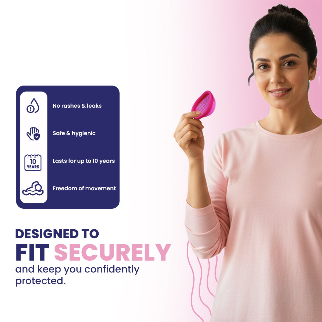 Woman holding a pink device with features listed on a white background