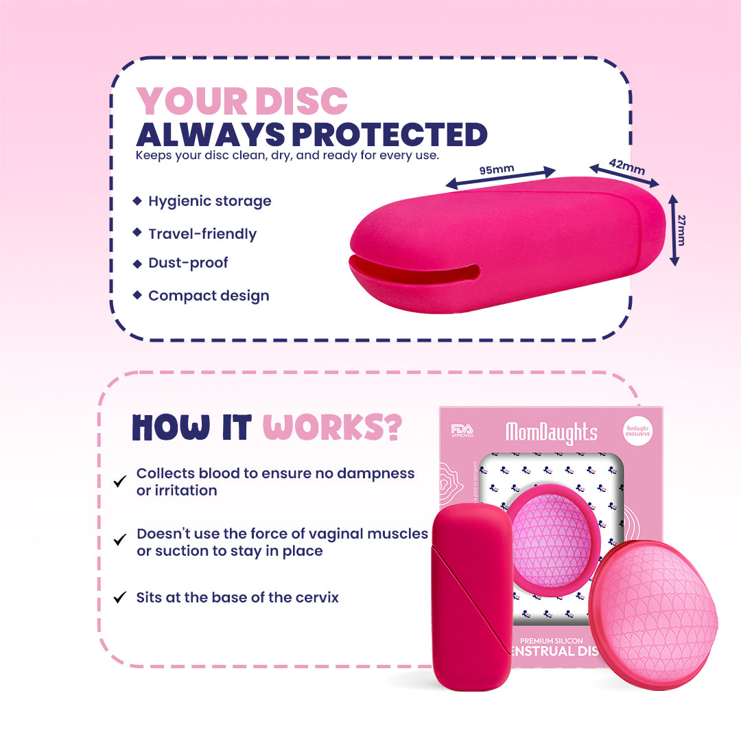 Pink menstrual disc with packaging and features on a pink background