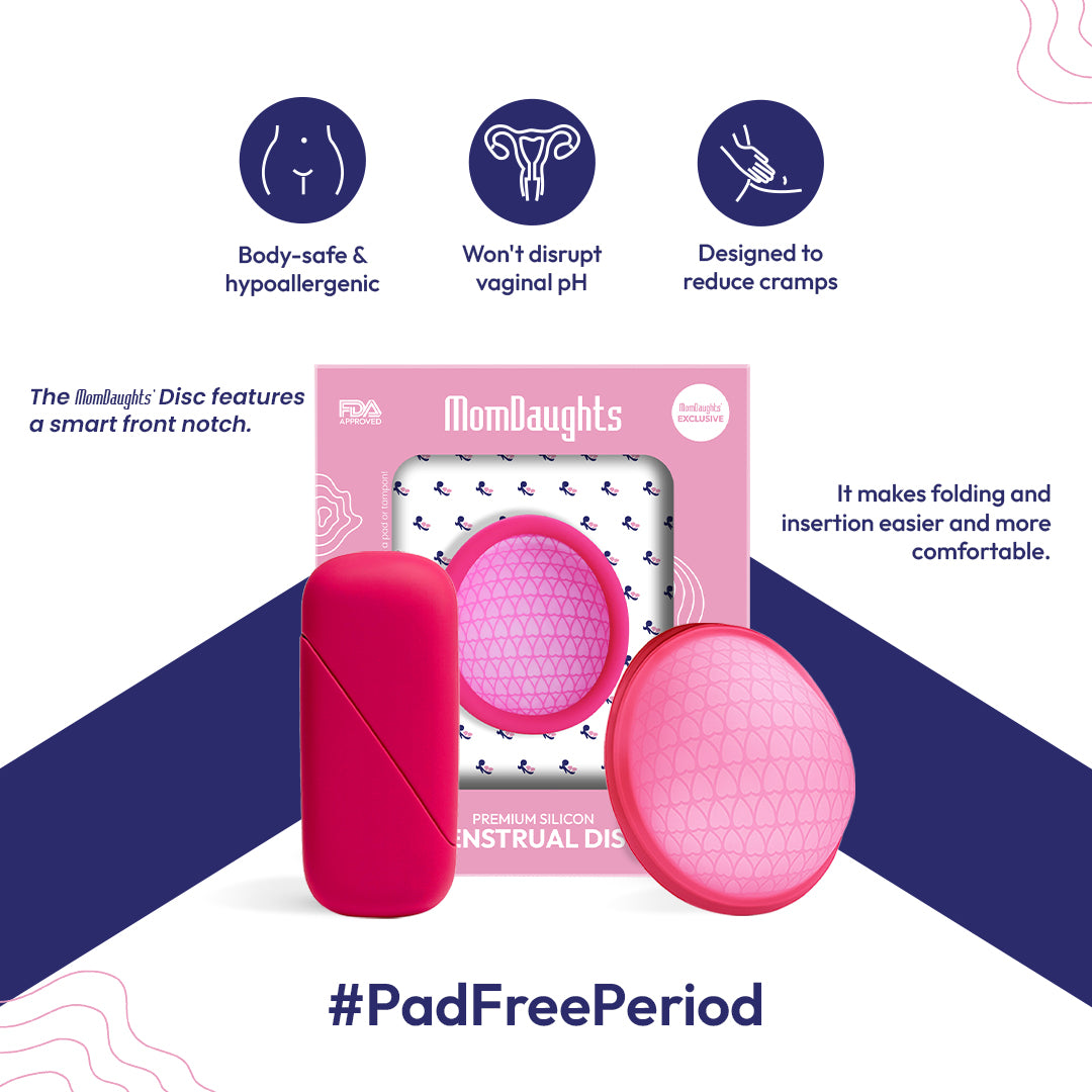 Menstrual disc product with packaging and features on a white and blue background