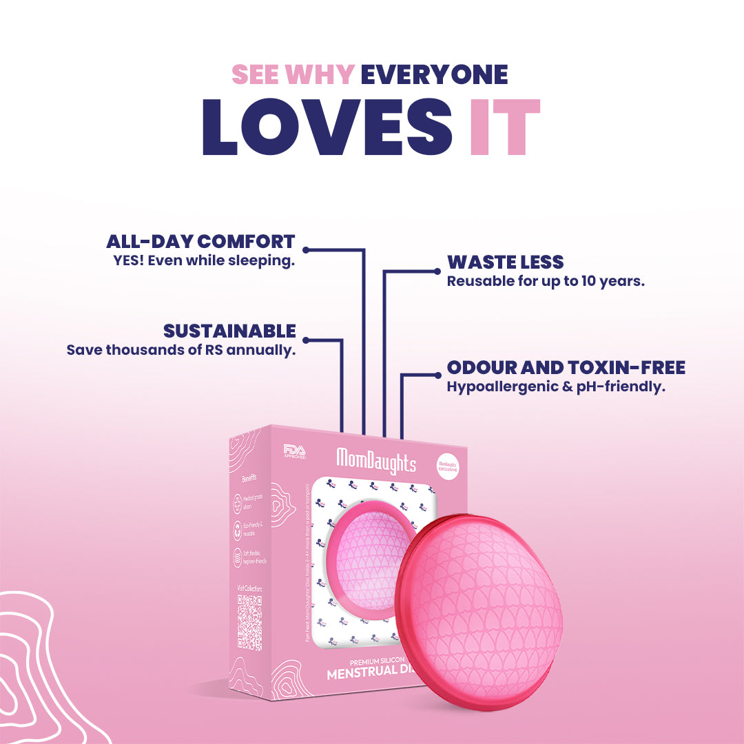 Pink menstrual disc with packaging and text highlighting features on a pink background