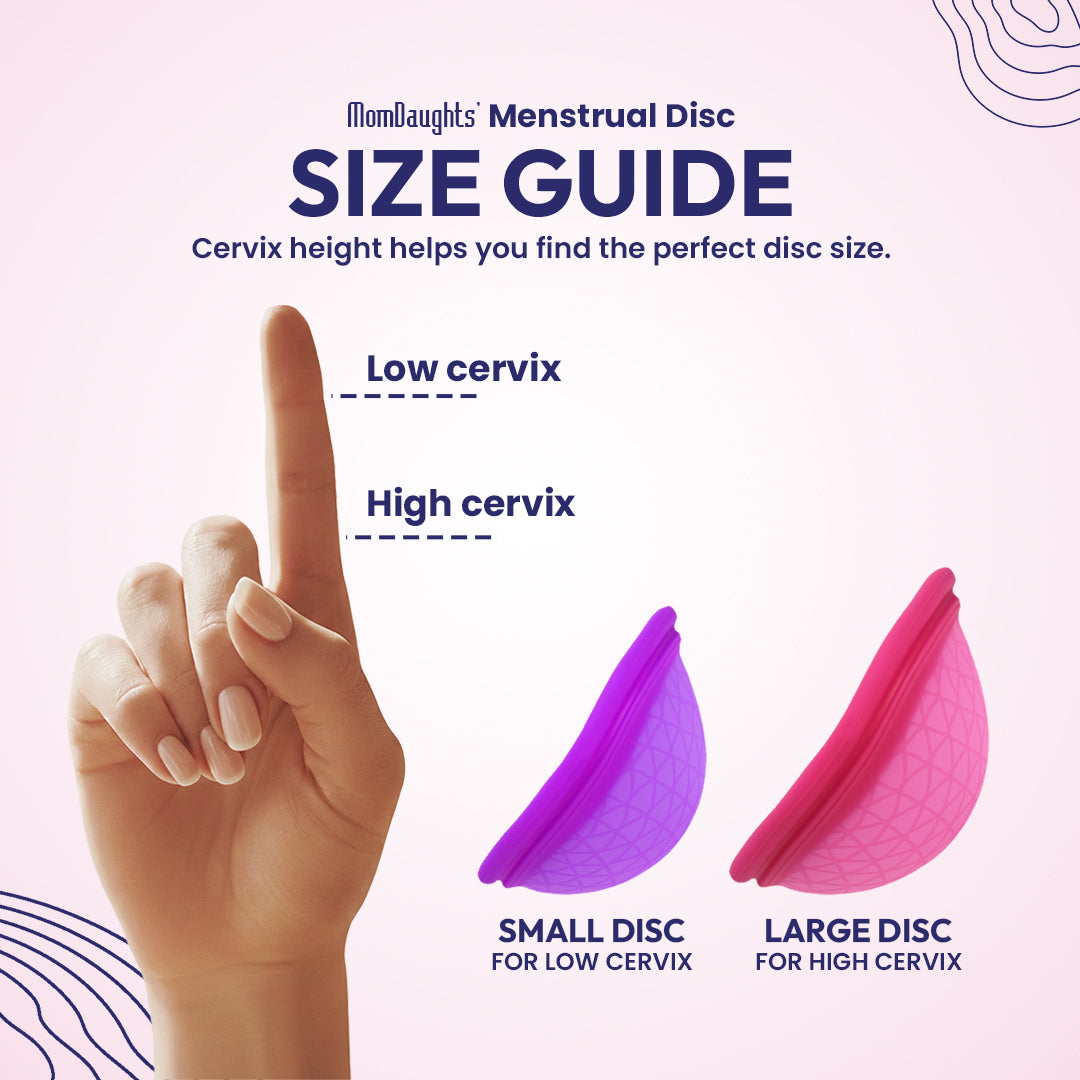 Menstrual disc size guide with hand and disc illustrations on a light purple background