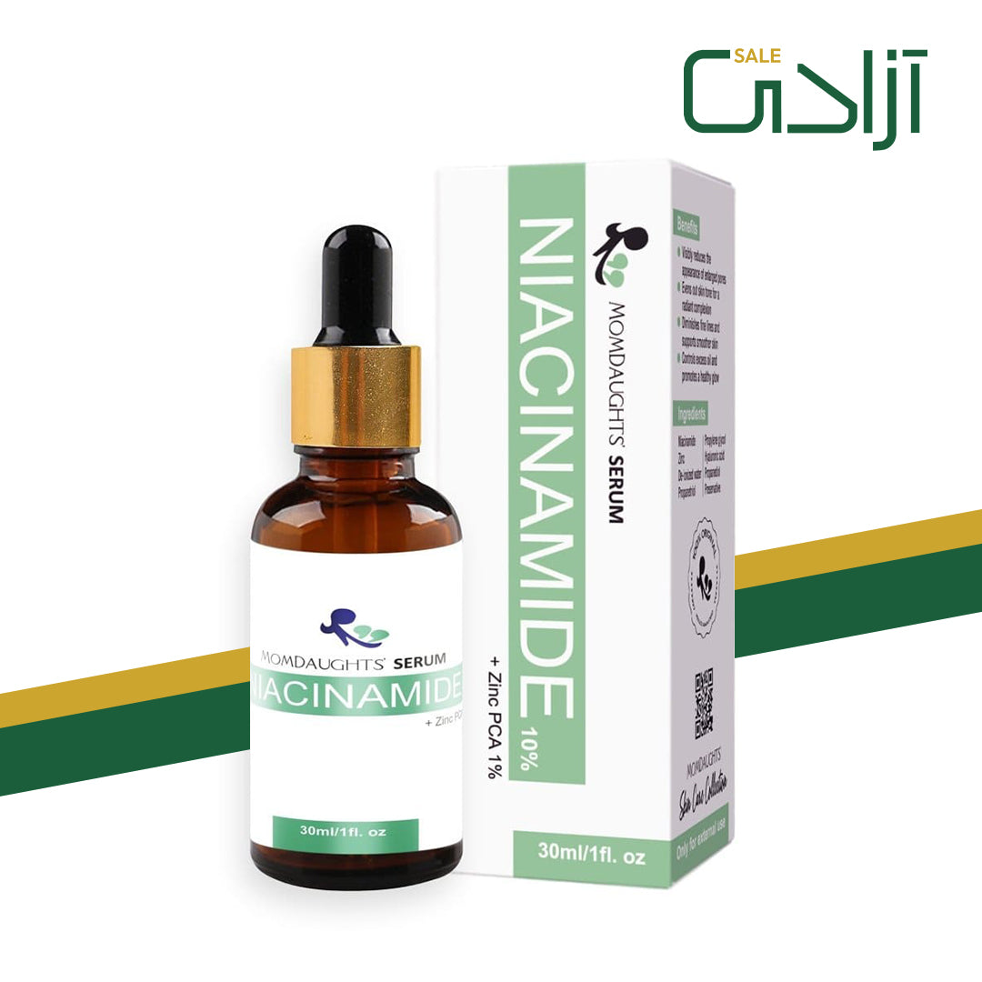 MomDaughts Niacinamide Zinc PCA Skin Serum in 30ml bottle, promoting brighter, clearer skin with nourishing ingredients.