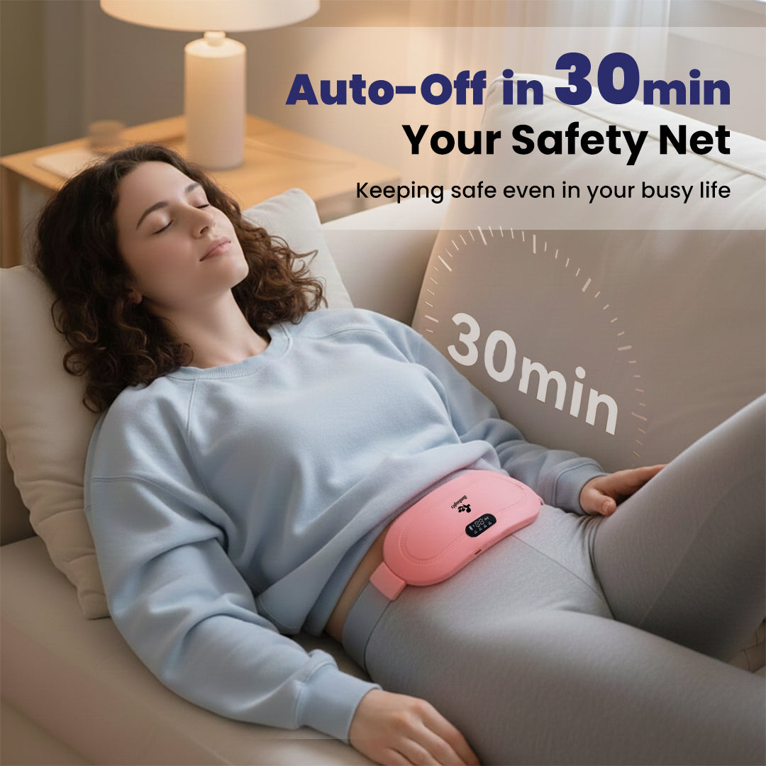 Woman lying on a couch with a pink heating pad, text about auto-off feature.