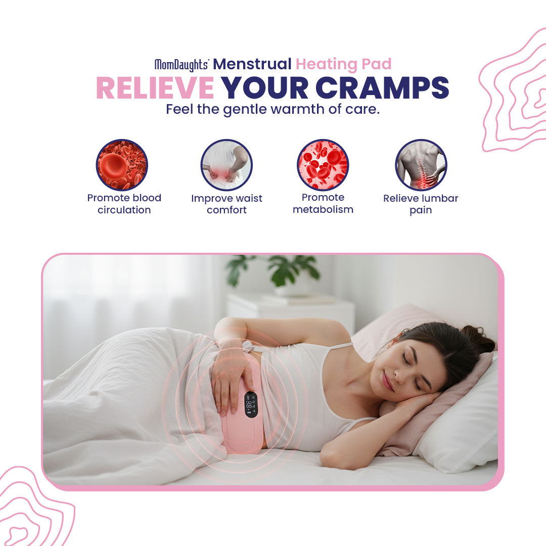 Woman using a menstrual heating pad with text about its benefits on a white background.