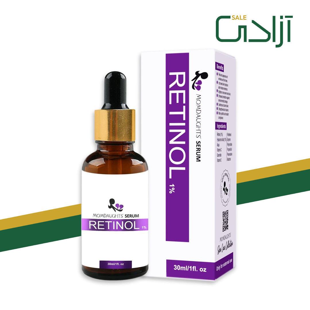 MomDaughts Retinol Skin Serum bottle, 30mL, designed for smooth, radiant skin with retinol for skincare.