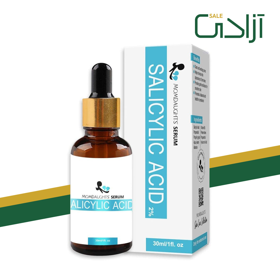MomDaughts Salicylic Skin Serum in 30mL bottle, promoting healthier complexion with clear, smooth skin.