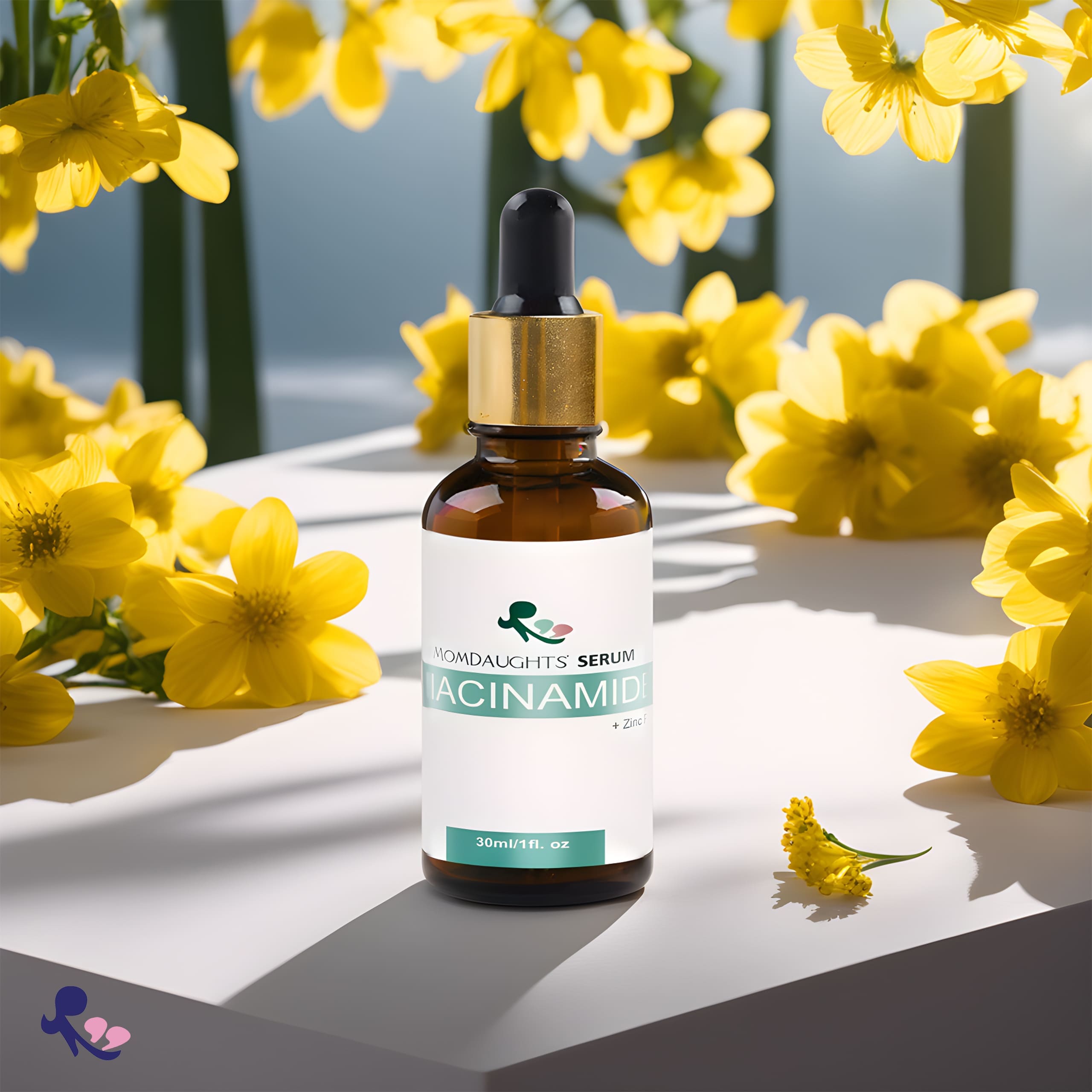 MomDaughts skin serum with niacinamide and salicylic acid, featuring a sleek bottle and dropper applicator for clear, healthy skin.
