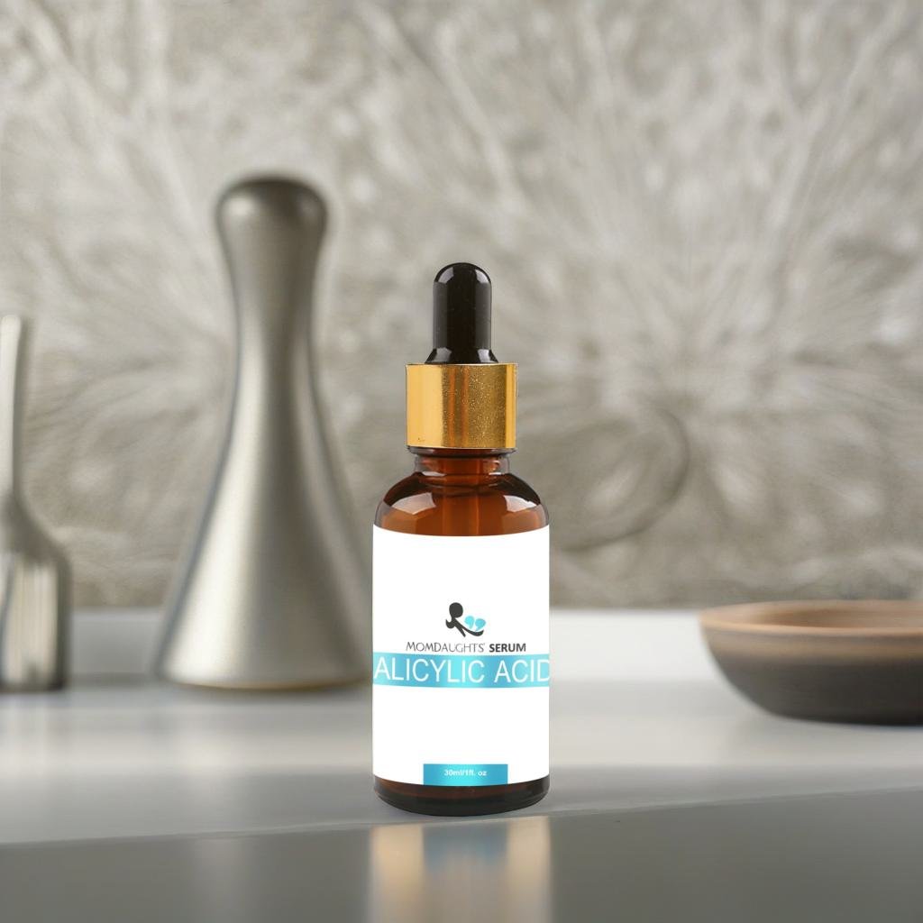 MomDaughts skin serum with niacinamide and salicylic acid, featuring a clear bottle with dropper and a minimalist label.