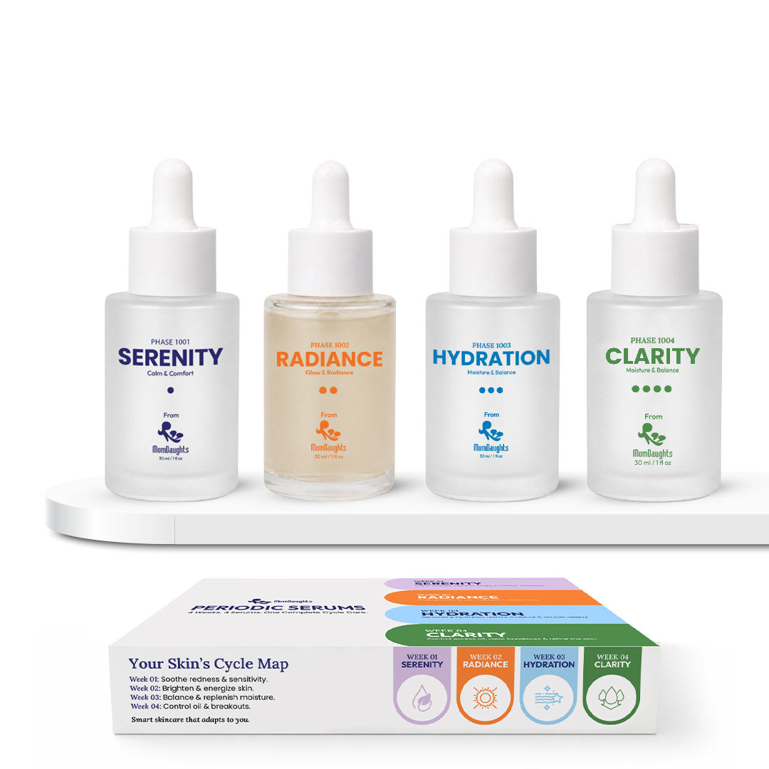 MomDaughts Periodic Serums bottle with dropper, showing the product's packaging and design for skincare and health benefits.