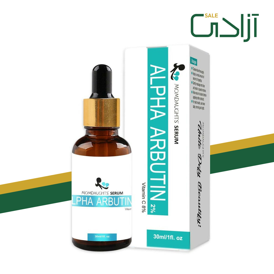 MomDaughts Alpha Arbutin and Vitamin C Skin Serum in a 30mL bottle, designed for brightening and improving skin radiance.